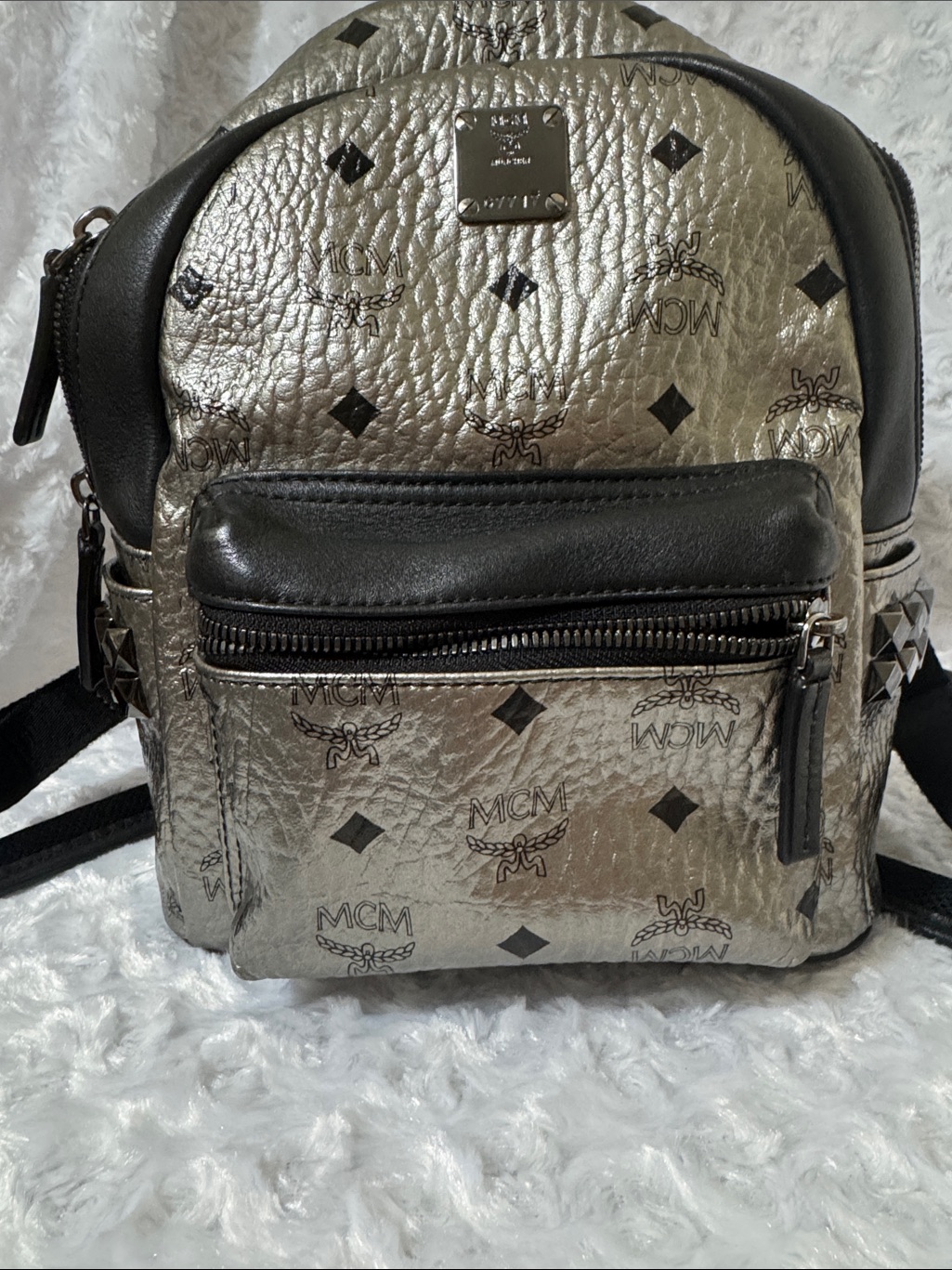 Mcm Metallic Silver Mini Backpack With Black Trim